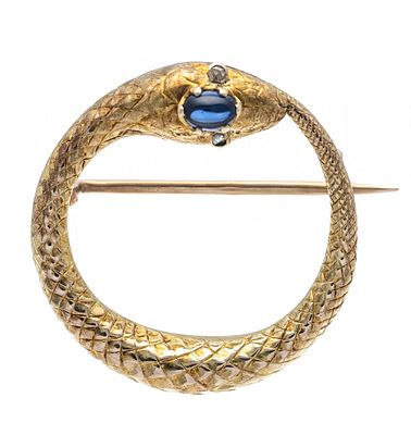 Symbol brooch GG 585/000 in the shape of an Ouroboros set with an oval sapphire cabochon 3.7 x 