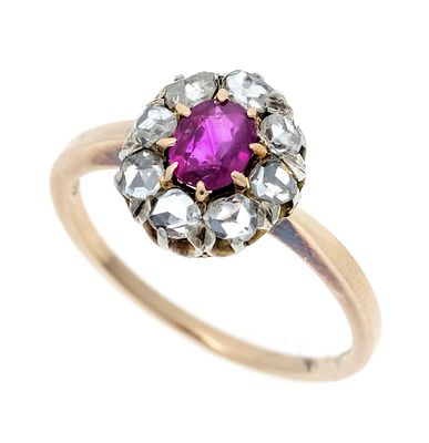 Ruby-diamond ring GG 585/000 with an excellent oval-faceted ruby 5.4 x 4.2 mm in an intense 