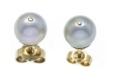 Cultured pearl stud earrings GG 585/000 with 2 light gray cultured pearls 8.0 mm, with good 