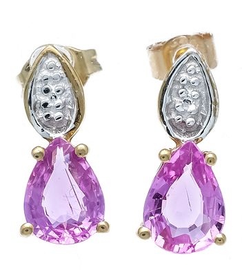 Sapphire stud earrings GG/WG 375/000 with 2 faceted sapphire teardrops 6.8 x 5.1 mm, pink 