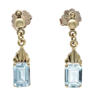Aquamarine stud earrings circa 1930 GG 585/000 with 2 emerald-cut faceted aquamarines 6.9 x 5.1 