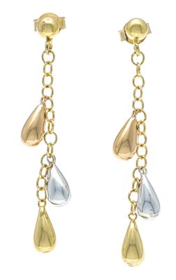 Cocktail stud earrings GG/WG/RG 333/000, each with 3 gold pendants distributed along a chain 