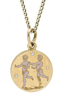 Zodiac sign pendant "Gemini" GG 750/000 1.6 g, with white enamel, partially damaged, L. 20 mm 