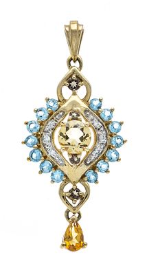 Multicolor pendant GG 375/000 with citrine, blue topaz, and smoky quartz total 1.66 ct, 6 