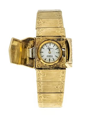 Triumph ladies' watch/quartz, with gold link bracelet, 750/000GG, case and bracelet with floral 