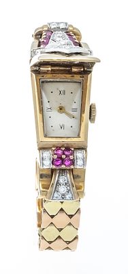 Rare ladies’ jewelry wristwatch, circa 1935, GG/RG 585/000, custom-made by a goldsmith in an 