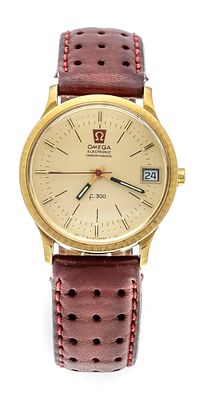 Omega electronic chronometer, F300, tuning fork quartz watch, 750/000 GG, Ref. 198.003 circa 
