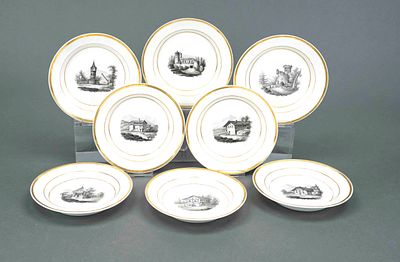 Eight landscape plates, KPM Berlin, marks 1830–40, first-grade, red imperial orb marks, Antik 