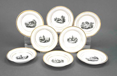 Eight landscape plates, KPM Berlin, marks 1830–40, first-grade, red imperial apple marks, Antik 