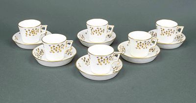 Six coffee cups with saucers, Minton, England, 20th century, conical shape with angular handle 