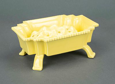 Jardini&egrave;re with insert, 20th century, faience, lemon-yellow glaze, angular form on four feet 