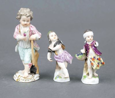 Three figures, Meissen, 19th century, gardener boy with spade and turnip in hand, chipped, H. 