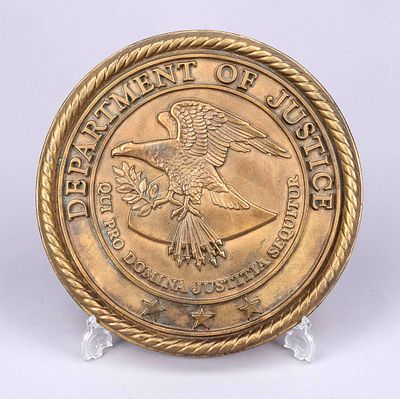 Wall plaque “Department of Justice,” late 20th century, brass or bronze. Relief decoration 
