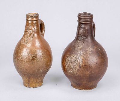 2 Bartmann jugs, Rhineland, ca. 1700, brown-glazed ceramic. Handled jug with incised decoration 