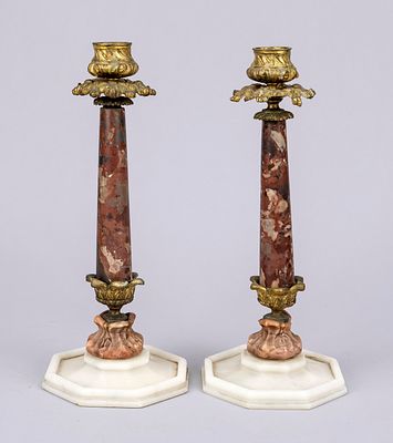 Pair of candlesticks, Italy, 19th century, alabaster, marble, and bronze. Octahedral base, red 