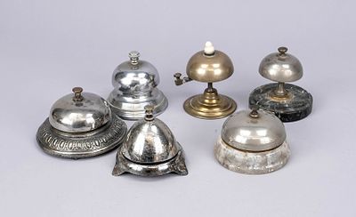 6 table bells or reception bells, ca. 1900. 5 in iron, partly chrome-plated, 1 in brass. 4 with 