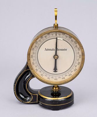 Micrometer dial gauge, ca. 1900, iron, brass, etc. Body painted black with gold decoration 