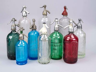 10 soda bottles or siphon bottles, late 20th century, glass with plastic or metal soda top 