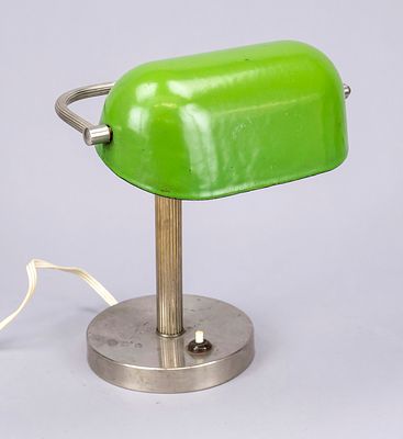 Library lamp, early 20th century, chrome-plated and lacquered iron. Oblong shade on fluted 