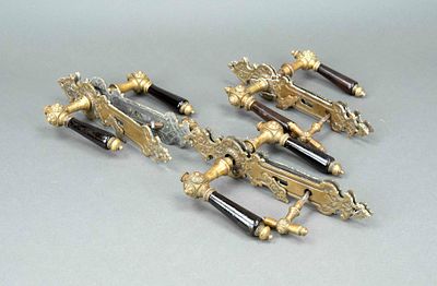 3 pairs of Gr&uuml;nderzeit door handle sets, second half of the 19th century, brass. Smoothly 