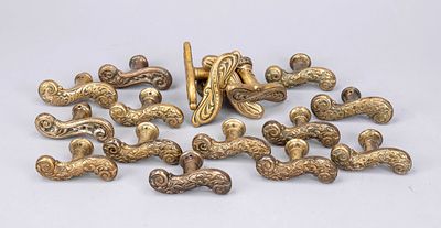 17 window handles from the Wilhelminian or Art Nouveau periods, circa 1900, brass. Curved 