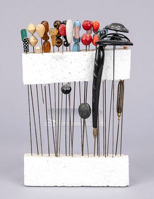 Assortment of hat pins, 19th and 20th centuries, iron pins, heads made of glass or Bakelite or 
