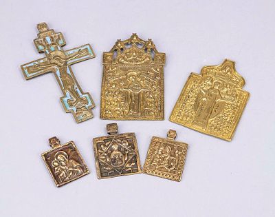 6 metal icons or pendants, Russia, 20th century and older, brass/bronze. 2 travel icons, 3 