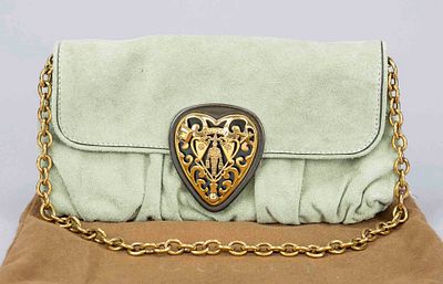 Gucci, Babouska Hysteria Baguette Bag, mint-colored suede, gold-tone hardware, short link chain 