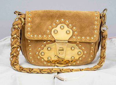 Emilio Pucci, Small Vintage Bag, caramel-colored soft suede with lavish trim of decorative 