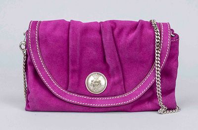 Emilio Pucci, Small Vintage Clutch, fuchsia suede with white contrast stitching, silver-colored 