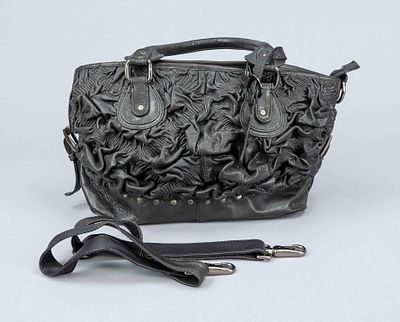 Black Shoulder Bag, black grained, partially gathered leather, silver-colored hardware, short 