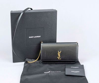 Yves Saint Laurent, Cassandre Phone Holder Crossbody Bag, fine black calfskin, gold-tone 