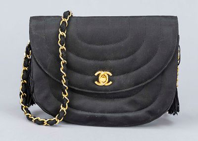 Chanel, Black Vintage Demi Lune Satin Tassel Bag, black, partially quilted satin, gold-tone 