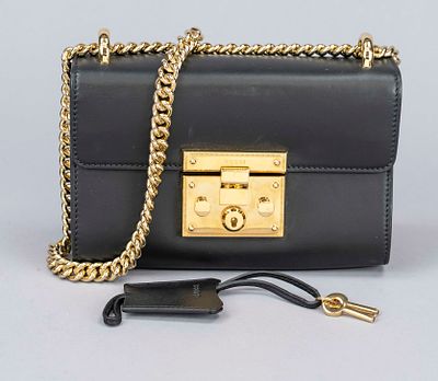 Gucci, Padlock Shoulder Bag, fine black leather, gold-tone hardware, adjustable link chain as 