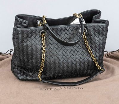 Bottega Veneta, Black Double Chain Intrecciato Tote Bag, black fine leather in the brand’s 