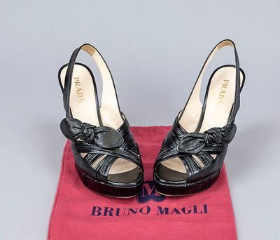 Prada, Black Leather Slingback Platform Sandals, fine black leather with decorative gathers and 
