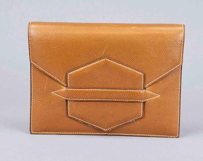 Hermes, Vintage Gold Epsom Faco Clutch, cognac-colored textured Epsom leather with cream-white 