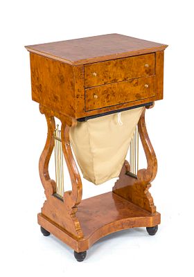 Biedermeier-style sewing table, 20th century, burl wood veneer, lyre-shaped side panels, with 
