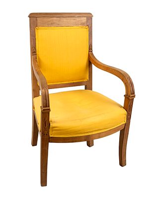 Armchair, 19th century, mahogany, curved armrests with subtle shallow carving, yellow fabric 