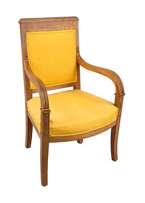 Armchair, 19th century, mahogany, curved armrests with subtle shallow carving, yellow fabric 