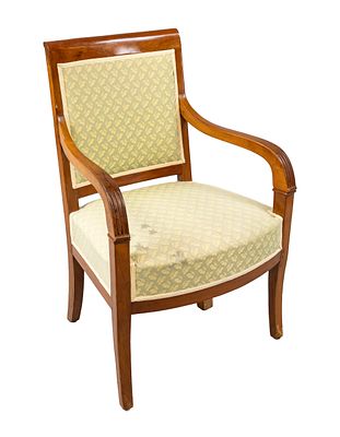 Armchair, 19th century, mahogany, curved armrests with subtle flat carving, patterned fabric 