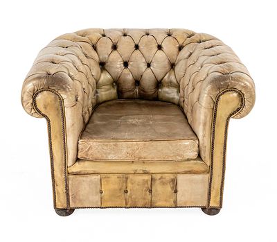 Chesterfield armchair, England 19th/20th century, brown leather upholstery with button tufting 
