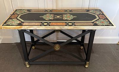Pietra Dura table, circa 1900, inlaid with various marbles, signed on the top, 78 x 140 x 60 