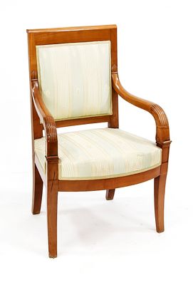 Biedermeier armchair, circa 1820, solid cherry wood, legs slightly curved forward, upholstery 