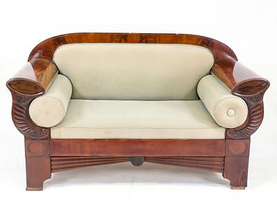 Biedermeier sofa, circa 1830, solid and veneered mahogany, two-seater, armrests shaped like 