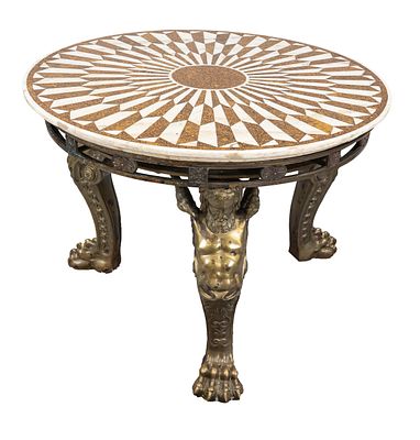 Decorative round side table, 20th century, multicolored pietra dura inlaid marble top on a 