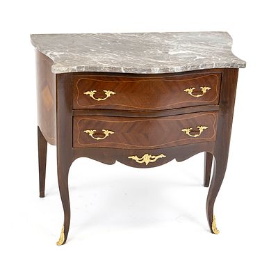 Baroque-style chest of drawers, 20th century, mahogany, curved frame with two drawers, inverted 