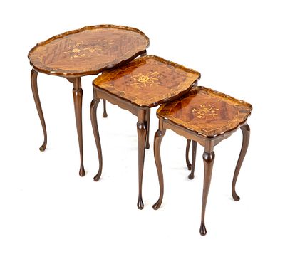Set of 3 side tables, 20th century, mahogany, walnut, and other woods with floral inlay, up to 