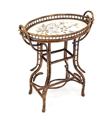 Side/flower tables circa 1900, bamboo, oval, floral-painted white majolica plate, 82 x 69 x 40 