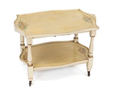 Serving table on casters, 20th century, wood painted white with floral design, 52 x 76 x 51 cm. 